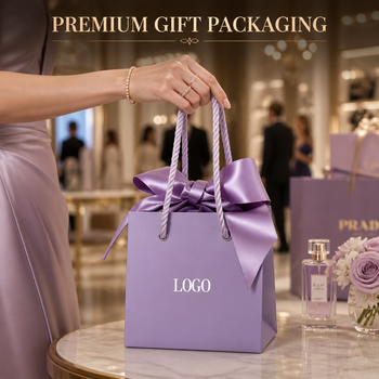 Paper bags · Ribbon handles · Foil-stamped detail